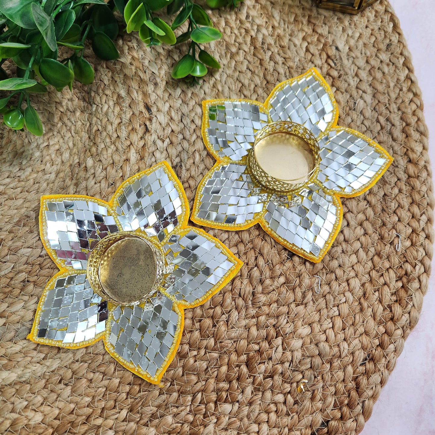 Lotus Beads & Mirror Flower Booti Patch 2pc - Handcrafted Floral Diwali Decorative T Light Holder