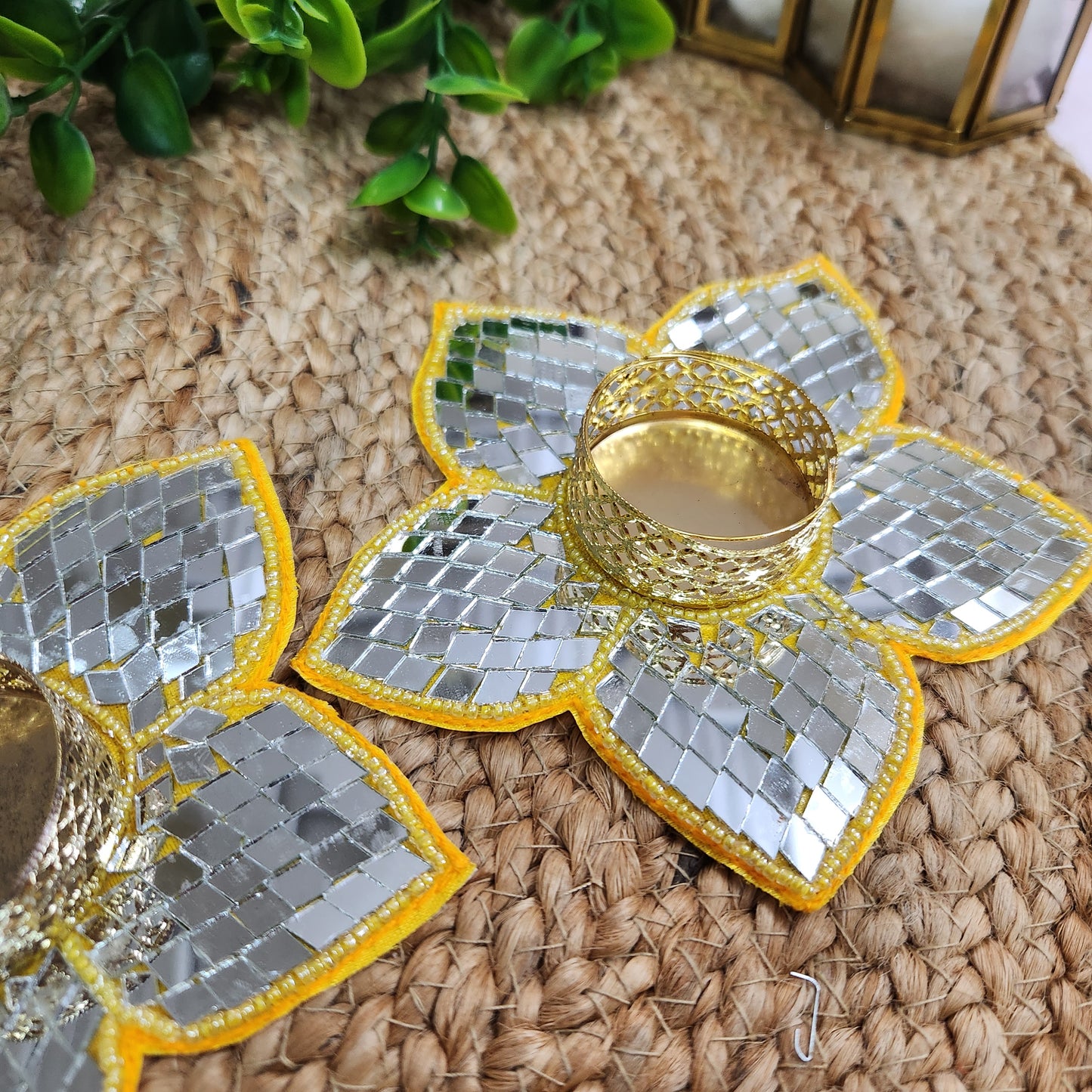 Lotus Beads & Mirror Flower Booti Patch 2pc - Handcrafted Floral Diwali Decorative T Light Holder