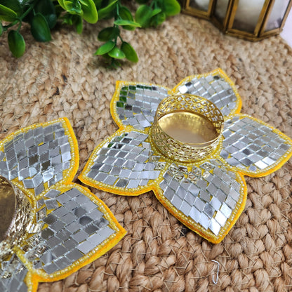Lotus Beads & Mirror Flower Booti Patch 2pc - Handcrafted Floral Diwali Decorative T Light Holder