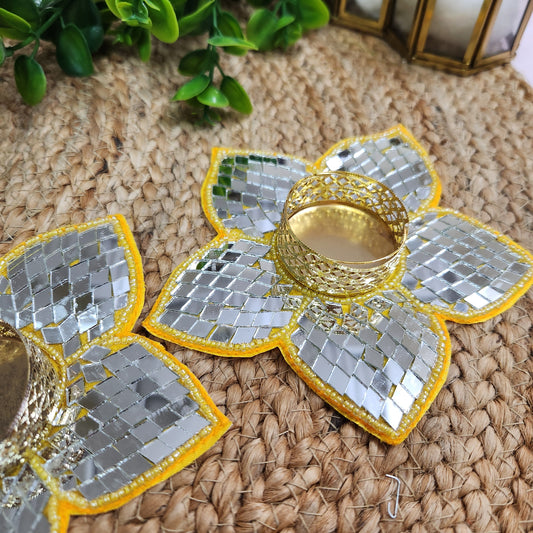 Lotus Beads & Mirror Flower Booti Patch 2pc - Handcrafted Floral Diwali Decorative T Light Holder