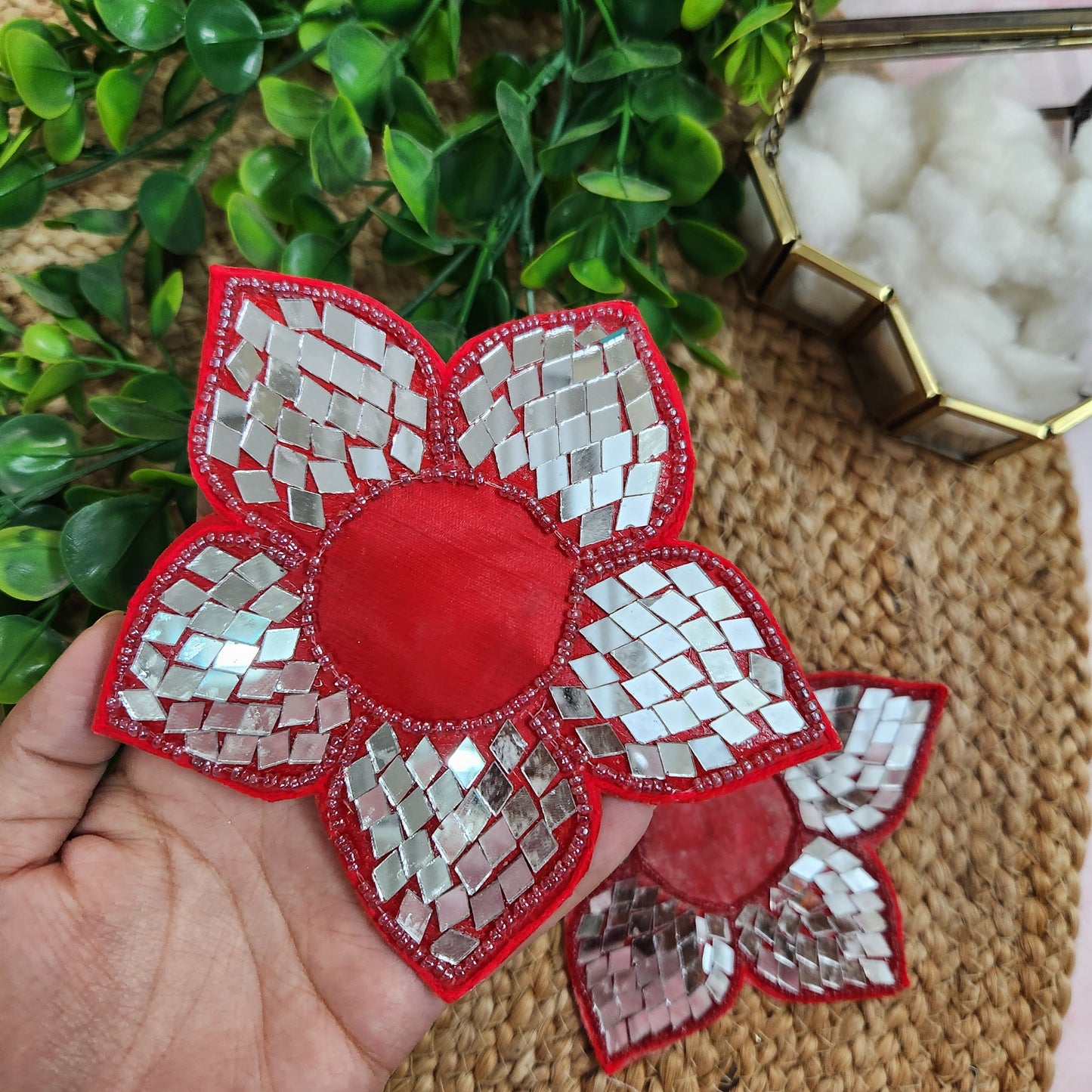 Lotus Beads & Mirror Flower Booti Patch 2pc - Handcrafted Floral Diwali Decorative T Light Holder