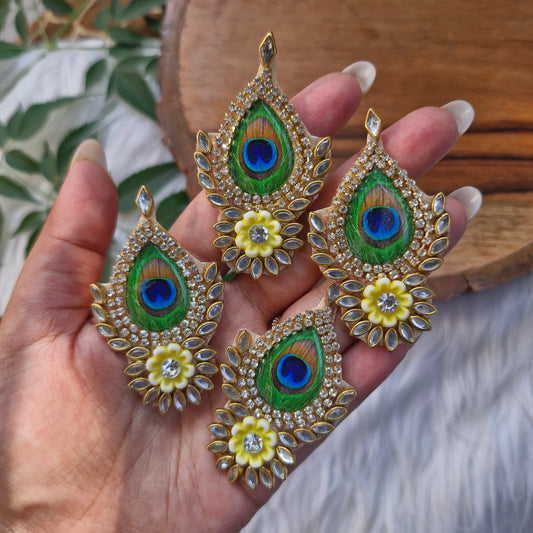 Ethnic Crystal & Pearl Peacock Feather Patch 5pcs - Elegant HandCrafted Diwali DIY Booti Decoration