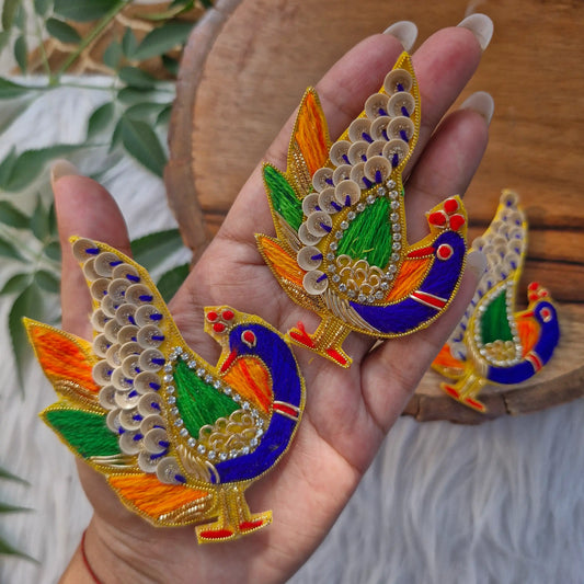 Emroidered & Beaded Peacock Patch 2pcs - Elegant HandCrafted Diwali DIY Booti Decoration