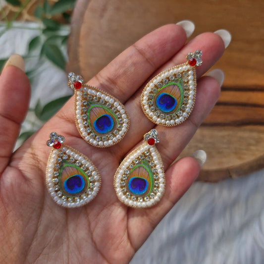Ethnic Crystal & Pearl Peacock Feather Patch 5pcs - Elegant HandCrafted Diwali DIY Booti Decoration
