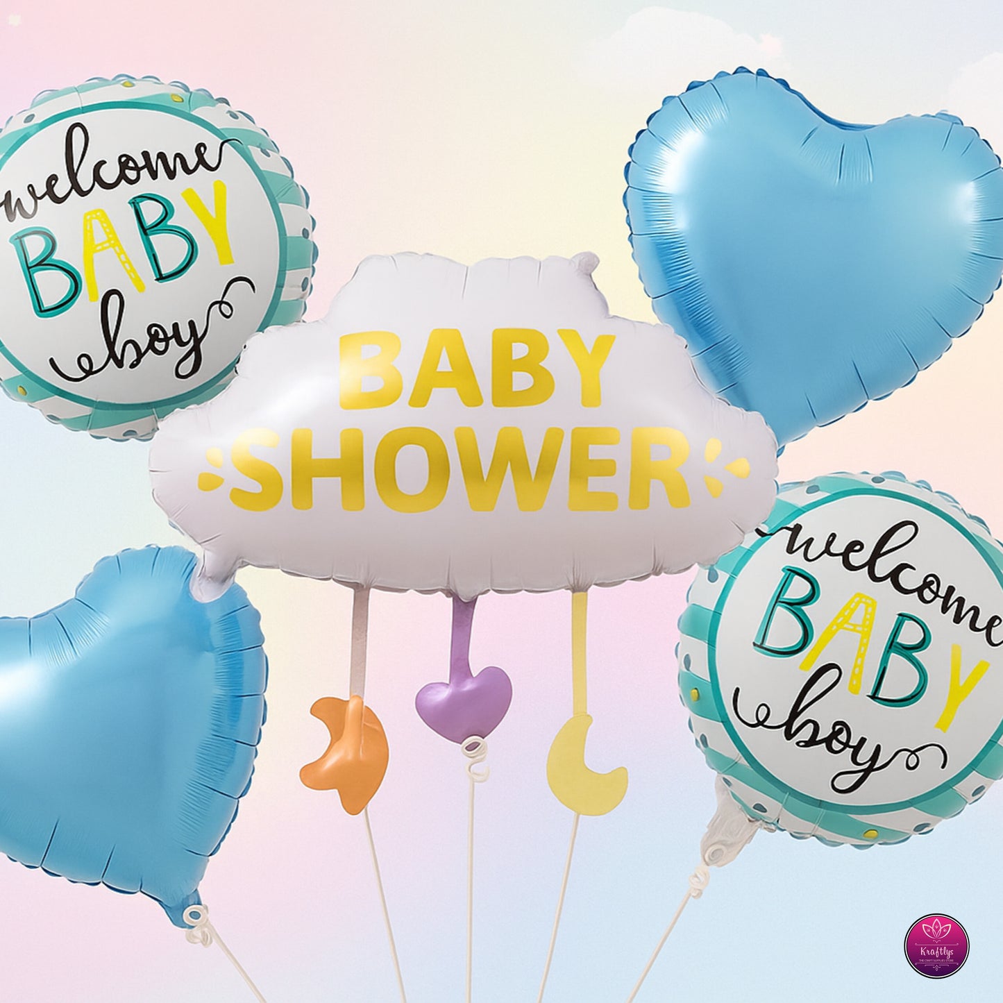 Blue baby shower foil balloon set with Welcome Baby Boy and cloud-shaped BABY SHOWER balloons