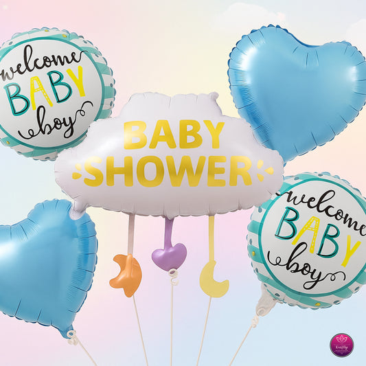 Blue baby shower foil balloon set with Welcome Baby Boy and cloud-shaped BABY SHOWER balloons