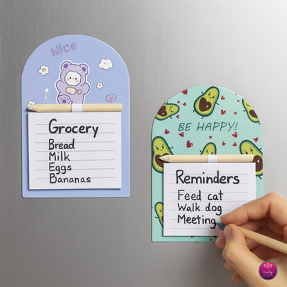 magnetic reminder boards on a refrigerator with notes and cartoon designs.