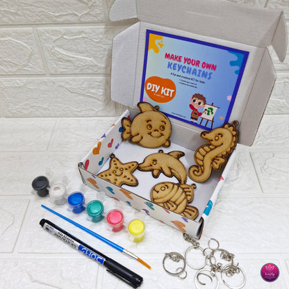 Make your own keychains DIY kit with wooden animal shapes, paint anf keyrings sea animal craft creative kids learning