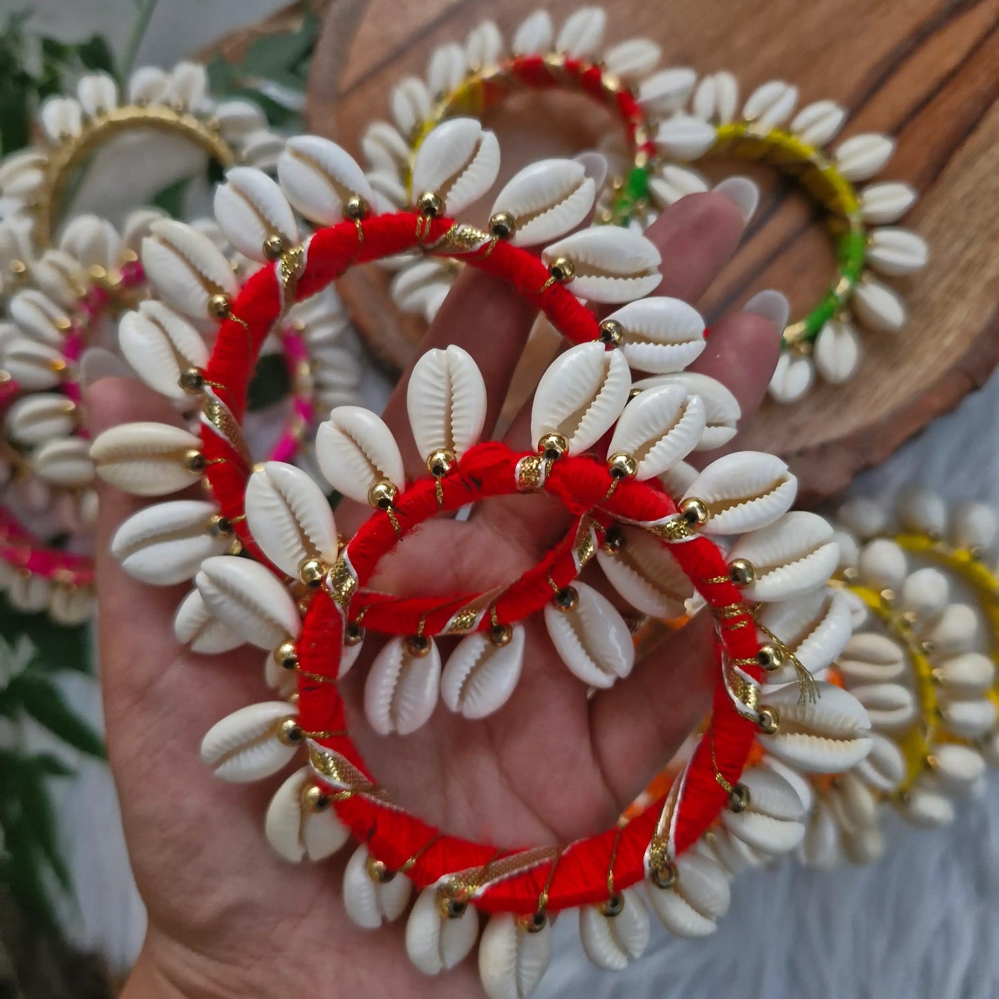 Handmade cowrie shell bangle wrapped in Red thread for Diwali and festive décor