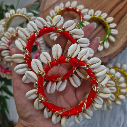 Handmade cowrie shell bangle wrapped in Red thread for Diwali and festive décor