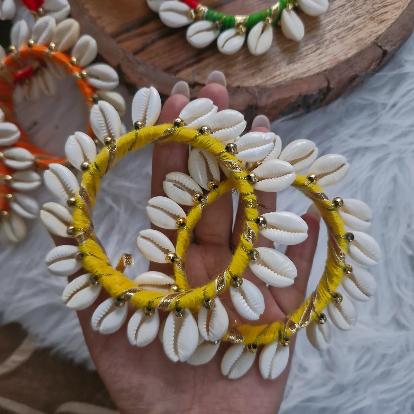 Decorative yellow thread cowrie shell braclets ring for wall and door hangings