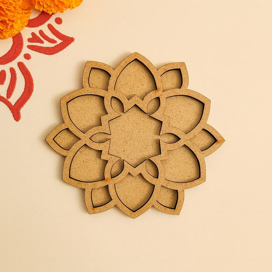 Round Floral MDF Wooden Diwali Decorative T Light Holder - 2 Layered