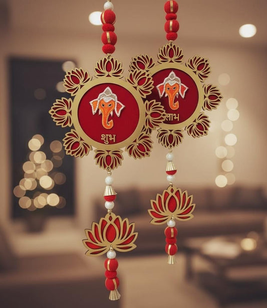 Red MDF Lotus Shubh Laabh Handmade Decorative Latkan for Diwali – Door Hanging Toran for Festive Home Décor