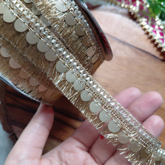 Soft Golden Sequin Fringes Lace Diwali Decoration 1 mtr - Laces & Borders for Jewellery and Crafts