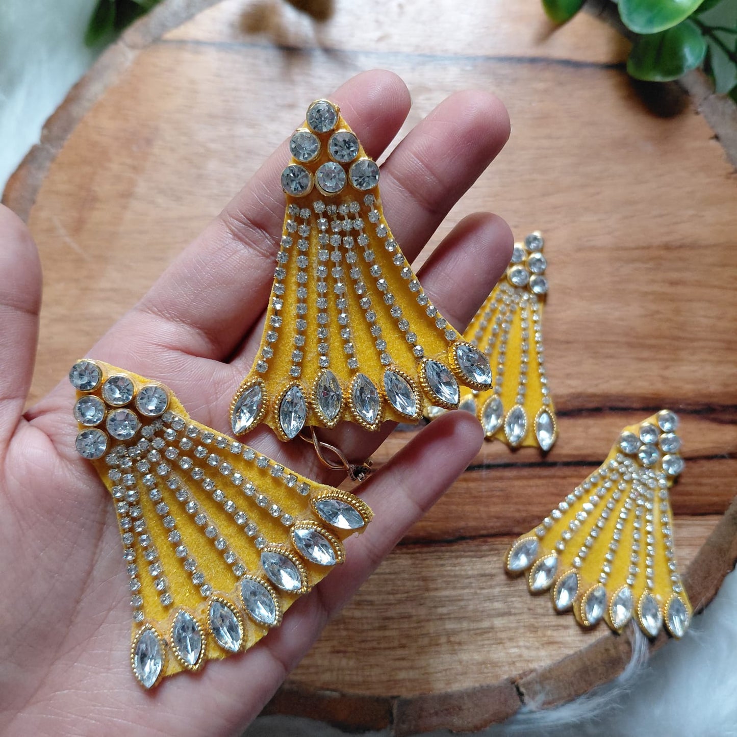Premium Crystal Yellow Fan Shaped Booti Patch 2pcs - Elegant HandCrafted Diwali DIY Booti Decoration