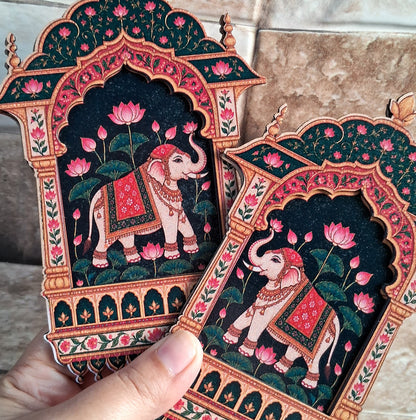 MDF Elephant Jharokha Pair - 2 layered - Printed Wooden Pichwai Ethnic Cutouts - Diwali DIY Decoratives