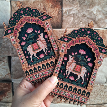 MDF Cow Jharokha Pair - 2 layered - Printed Wooden Pichwai Ethnic Cutouts - Diwali DIY Decoratives