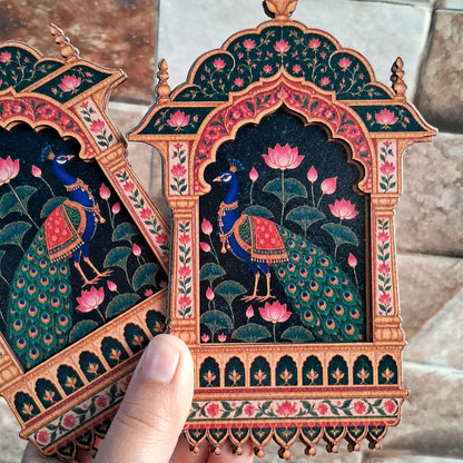 MDF Peacock Jharokha Pair - 2 layered - Printed Wooden Pichwai Ethnic Cutouts - Diwali DIY Decoratives
