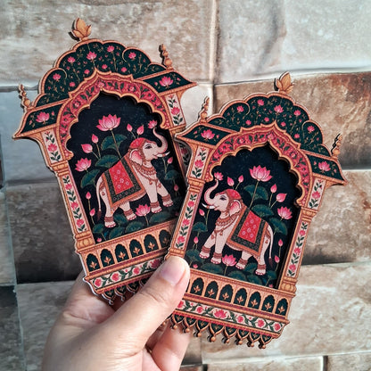 MDF Elephant Jharokha Pair - 2 layered - Printed Wooden Pichwai Ethnic Cutouts - Diwali DIY Decoratives