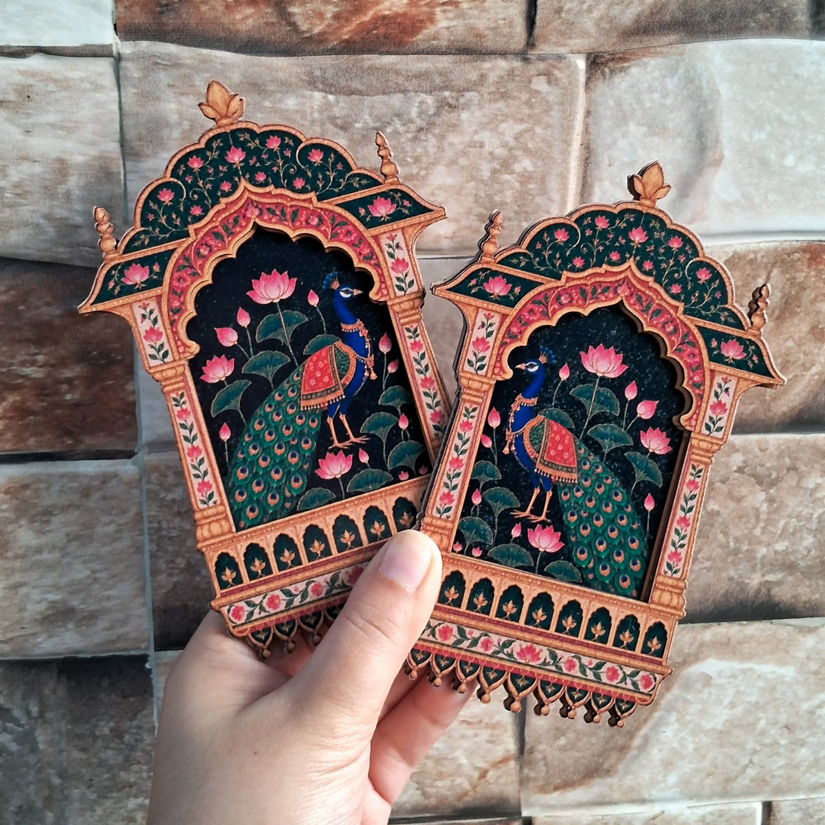 MDF Peacock Jharokha Pair - 2 layered - Printed Wooden Pichwai Ethnic Cutouts - Diwali DIY Decoratives