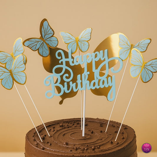 Elegant Blue & Gold Butterfly "Happy Birthday" Cake Topper Set