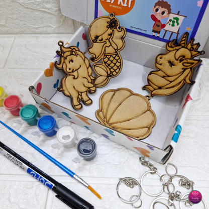 DIY Wooden Keychain Painting Kit for Kids – Unicorn & Mermaid (Creative Art & Craft Set)