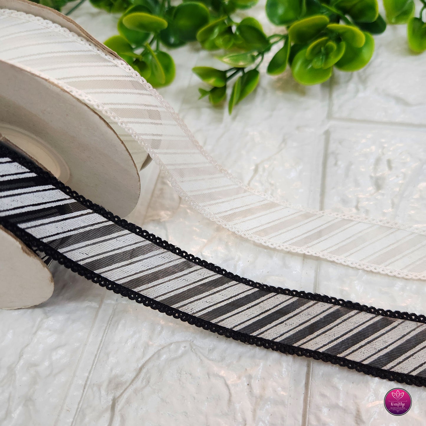 1 inch Striped Organza Ribbon with Lace Edge- Decorative Ribbon for Gift Wrapping, Crafts & Events