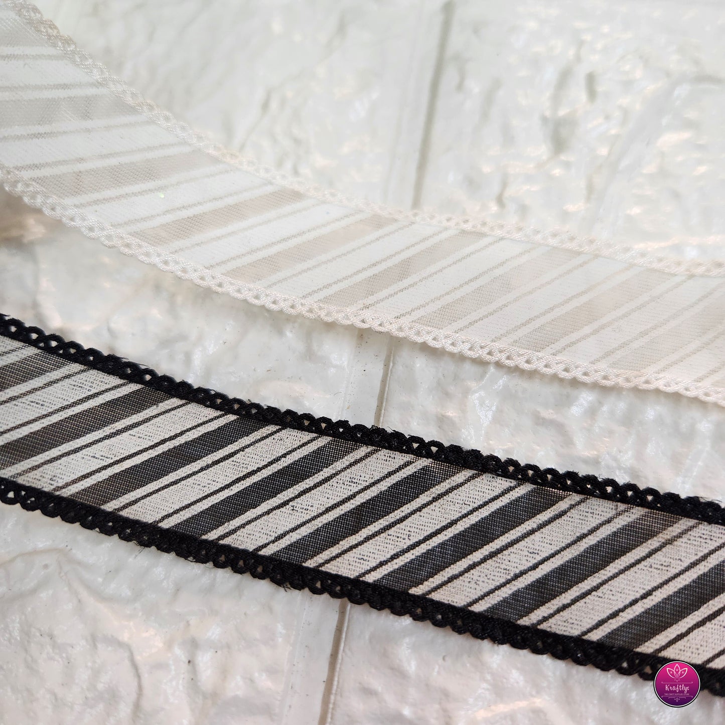 1 inch Striped Organza Ribbon with Lace Edge- Decorative Ribbon for Gift Wrapping, Crafts & Events