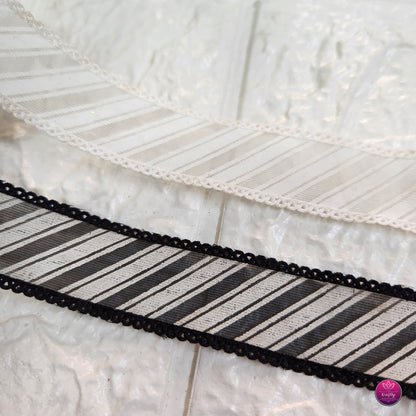 1 inch Striped Organza Ribbon with Lace Edge- Decorative Ribbon for Gift Wrapping, Crafts & Events
