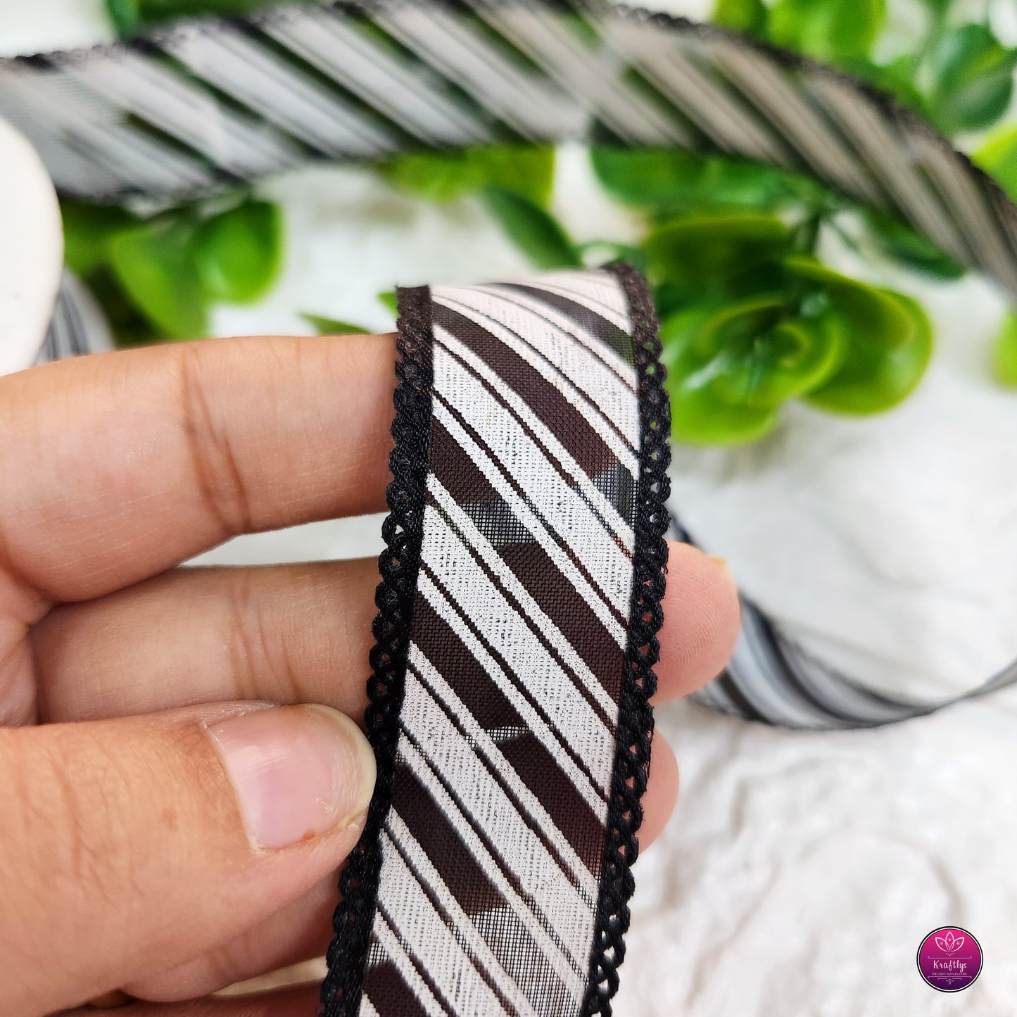 1 inch Striped Organza Ribbon with Lace Edge- Decorative Ribbon for Gift Wrapping, Crafts & Events