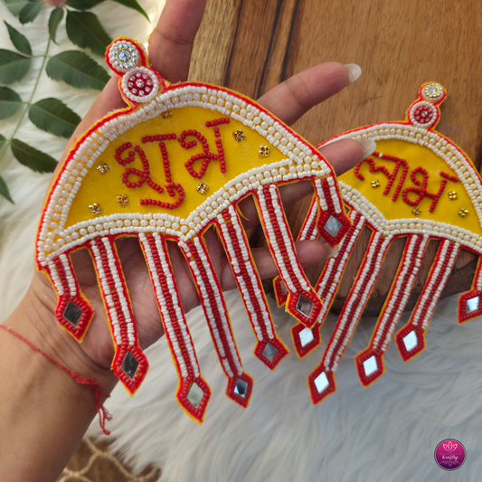 Wall Decor Pearls & Beads Shubh Labh Patch - Toran Elegant HandCrafted Diwali DIY Booti Decoration