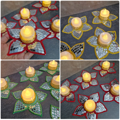 Lotus Mirror Tealight Holder for Diwali Décor 2pcs – Festive Decorative Candle Holder