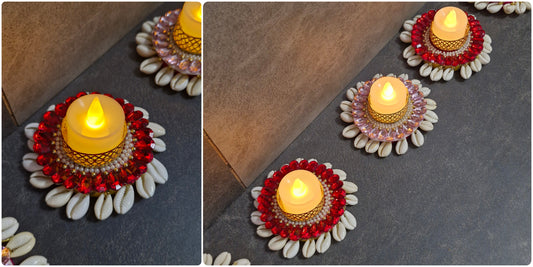 Handmade Seashell and Beaded Crystal Tealight Holder for Diwali Décor 2 pcs – Festive Decorative Candle Holder