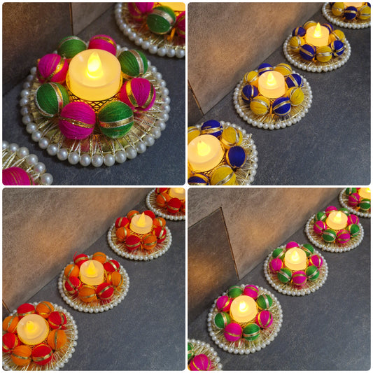 Handmade Colorful Tealight Holder for Diwali Decoration 2pcs - Decorative Pearl Studded  Base Candle Holder