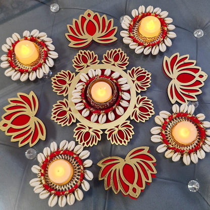 Handcrafted Kodi Shell & Lotus Tealight Holders Set - Diwali Decoration Rangoli Set