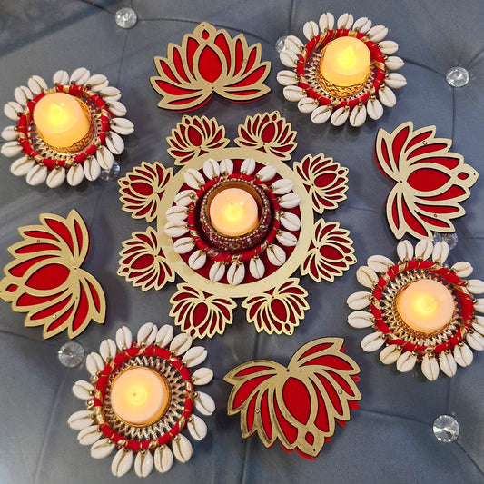 Handcrafted Kodi Shell & Lotus Tealight Holders Set - Diwali Decoration Rangoli Set