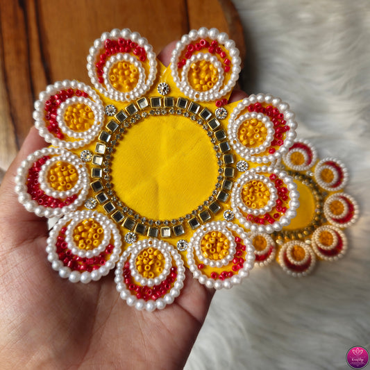 Yellow Beaded Elegant Tea Light Holders 2pc - Handcrafted Floral Fabric Diwali Decorative T Light Holder