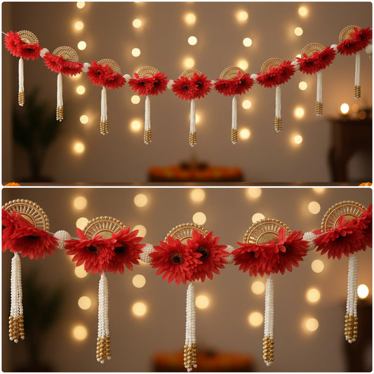 Red Floral Handmade Decorative Bandhanwar for Diwali – Door Hanging Toran for Festive Home Décor