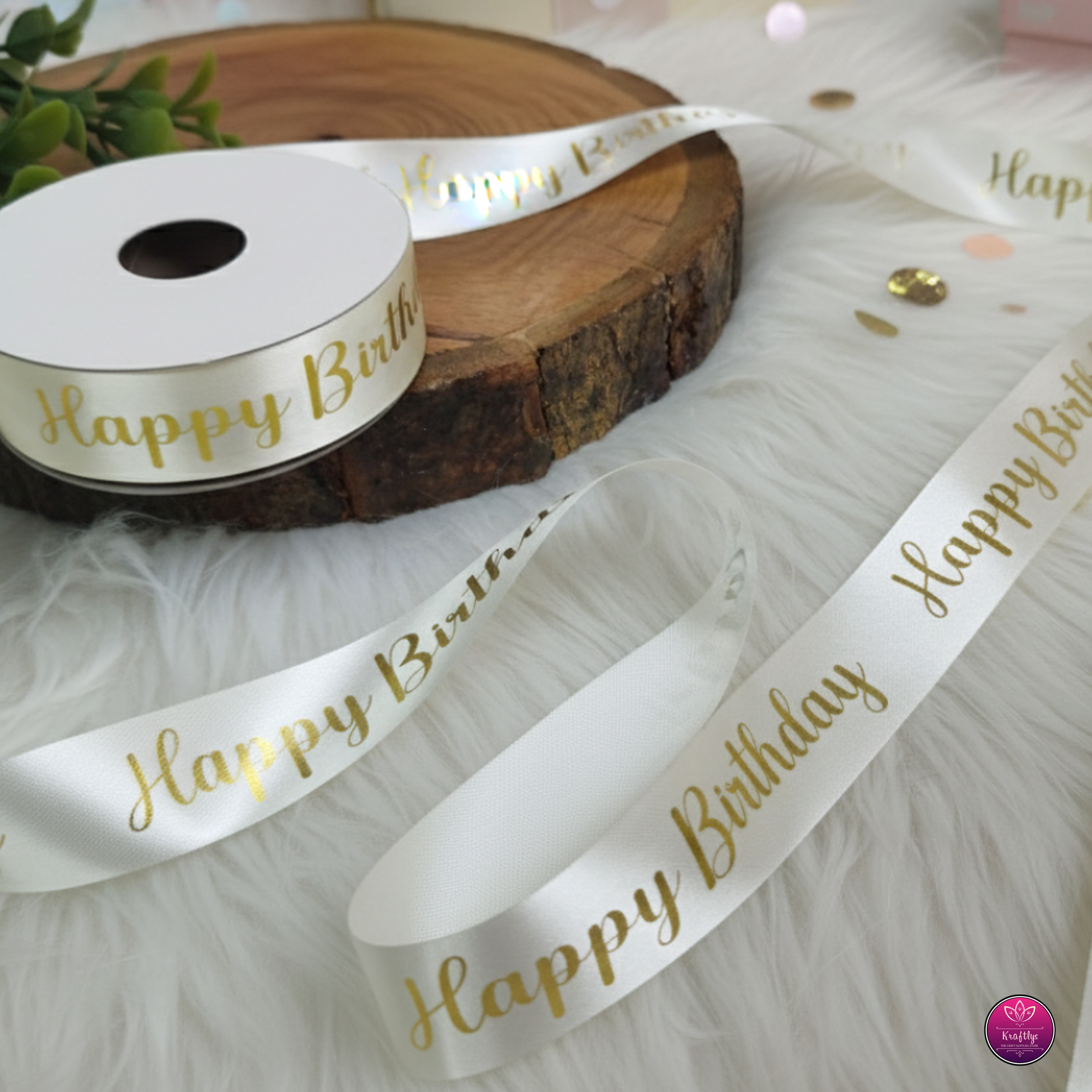White Satin Ribbon With Gold Foil HAPPY BIRTHDAY - Decorative Gift Wra ...