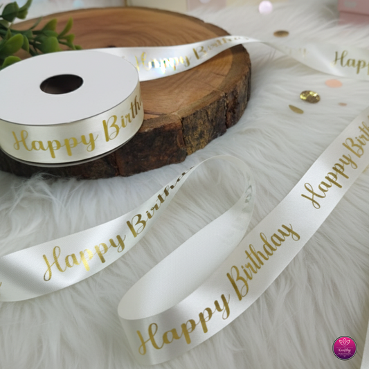 White Satin Ribbon With Gold Foil HAPPY BIRTHDAY - Decorative Gift Wrapping Ribbon Roll