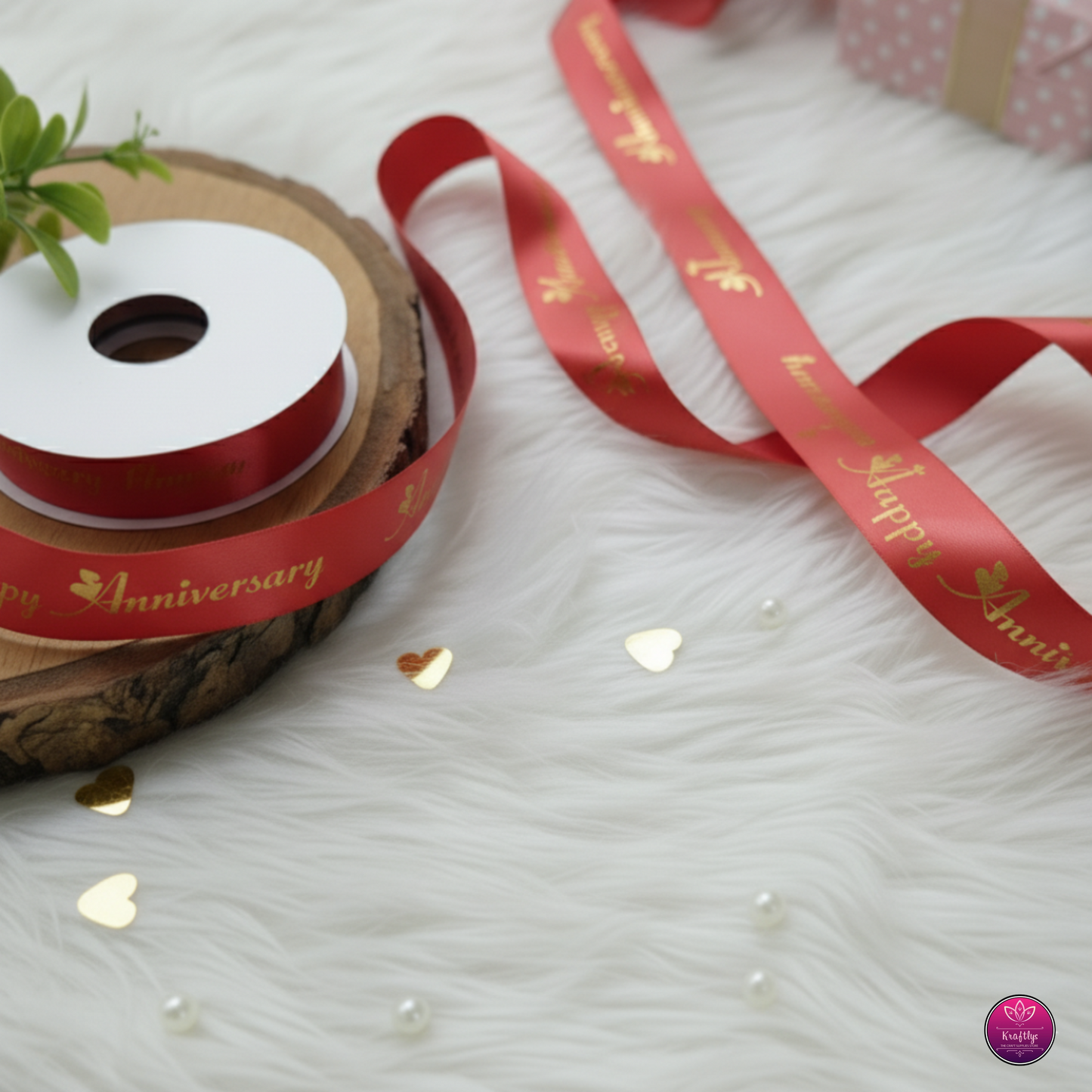 Red Satin Ribbon With Gold Foil HAPPY ANNIVERSARY - Decorative Gift Wrapping Ribbon Roll
