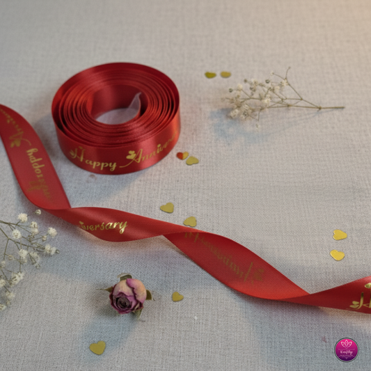 Red Satin Ribbon With Gold Foil HAPPY ANNIVERSARY - Decorative Gift Wrapping Ribbon Roll