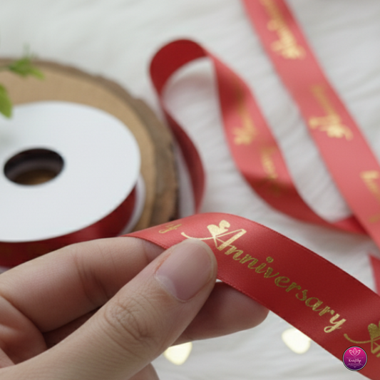 Red Satin Ribbon With Gold Foil HAPPY ANNIVERSARY - Decorative Gift Wrapping Ribbon Roll