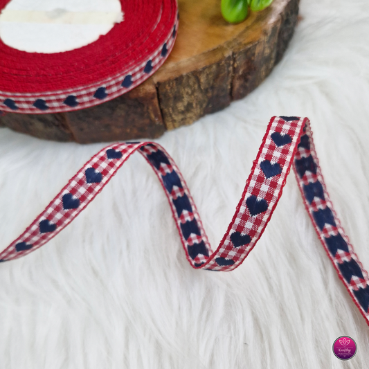 Narrow Red Checked Hearts Woven Ribbon 18 mtrs - Decorative Gift Wrapping Ribbon Roll