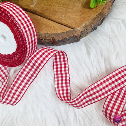 1 inch Red Checked Woven Ribbon 18 mtrs - Decorative Gift Wrapping Ribbon Roll