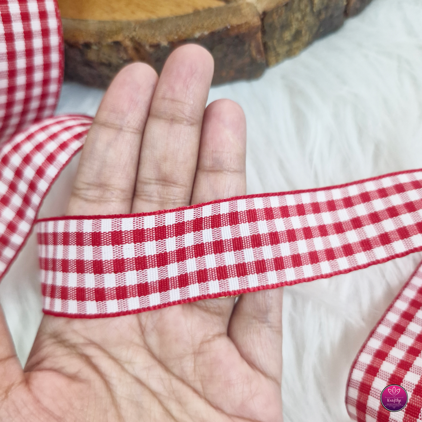 1 inch Red Checked Woven Ribbon 18 mtrs - Decorative Gift Wrapping Ribbon Roll