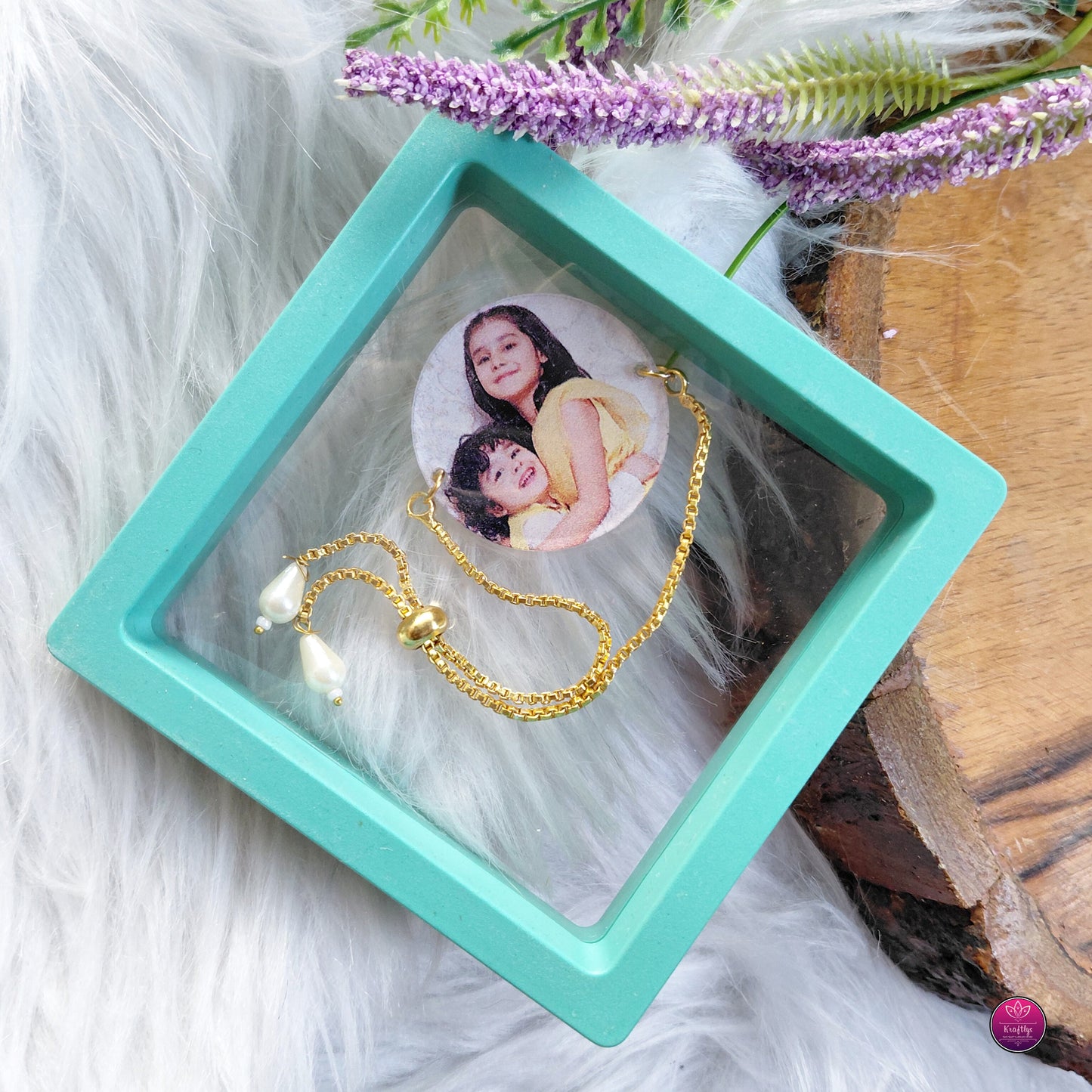 Personalized Acrylic Photo Rakhi Golden Pearls Bracelet- Custom Picture Rakhi