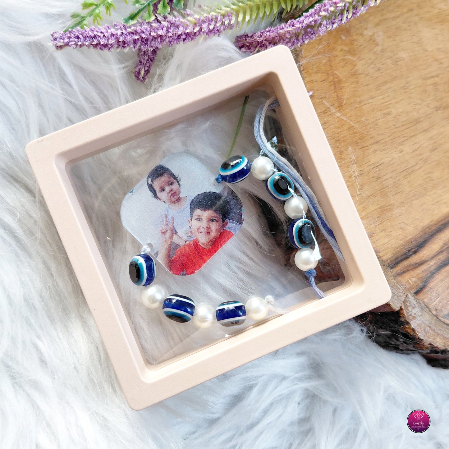 Personalized Acrylic Photo Rakhi Evil Eye Beads- Custom Picture Rakhi