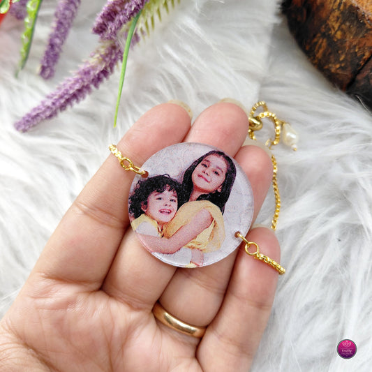 Personalized Acrylic Photo Rakhi Golden Pearls Bracelet- Custom Picture Rakhi