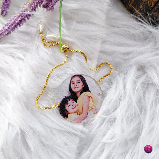 Personalized Acrylic Photo Rakhi Golden Pearls Bracelet- Custom Picture Rakhi